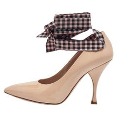 Miu Miu Beige Patent Leather Ankle Wrap Pointed Toe Pumps Size 36