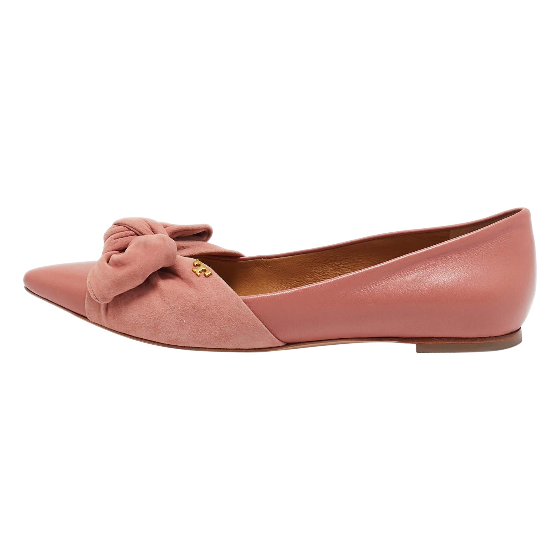 Tory Burch Pink Leather and Suede Knotted Bow Ballet Flats Size 37.5 For Sale