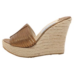 Jimmy Choo Gold Leather Wedge Espadrille Silde Sandals Size 40.5