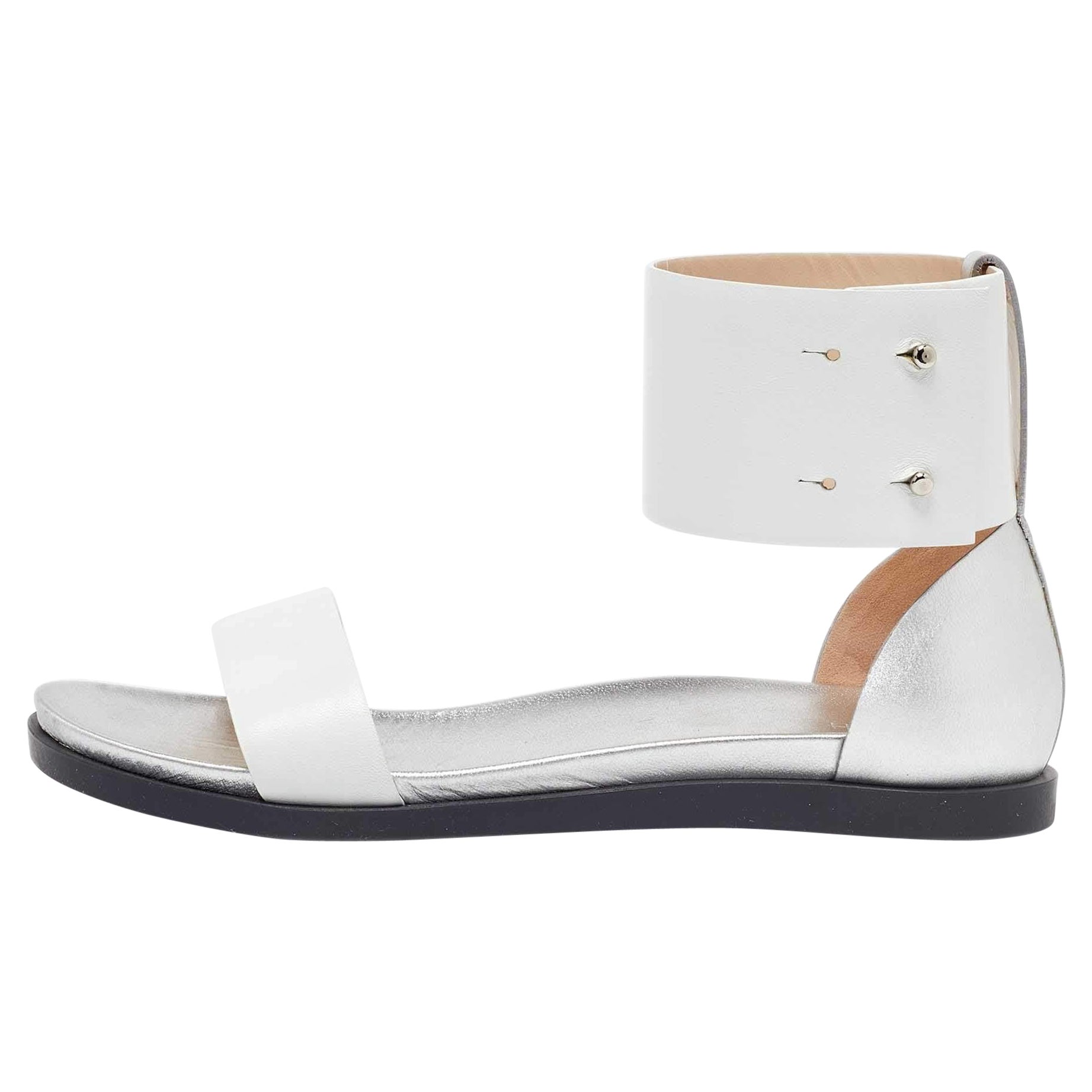 Joseph White/Silver Leather Ankle Strap Flat Sandals Size 39 For Sale