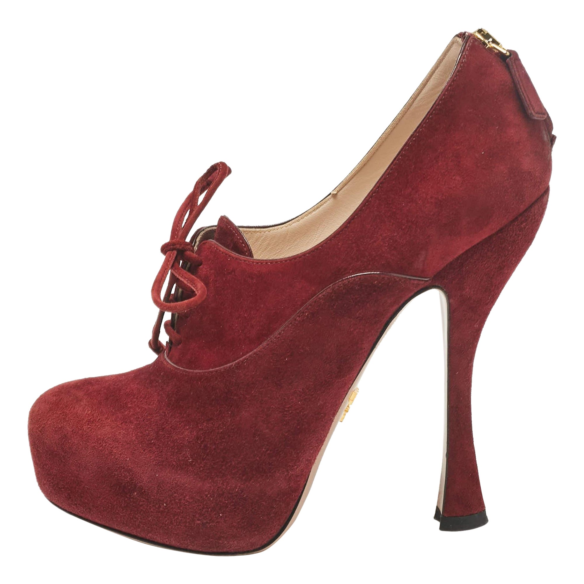 Prada Burgundy Suede Lace Up Booties Size 37.5 For Sale