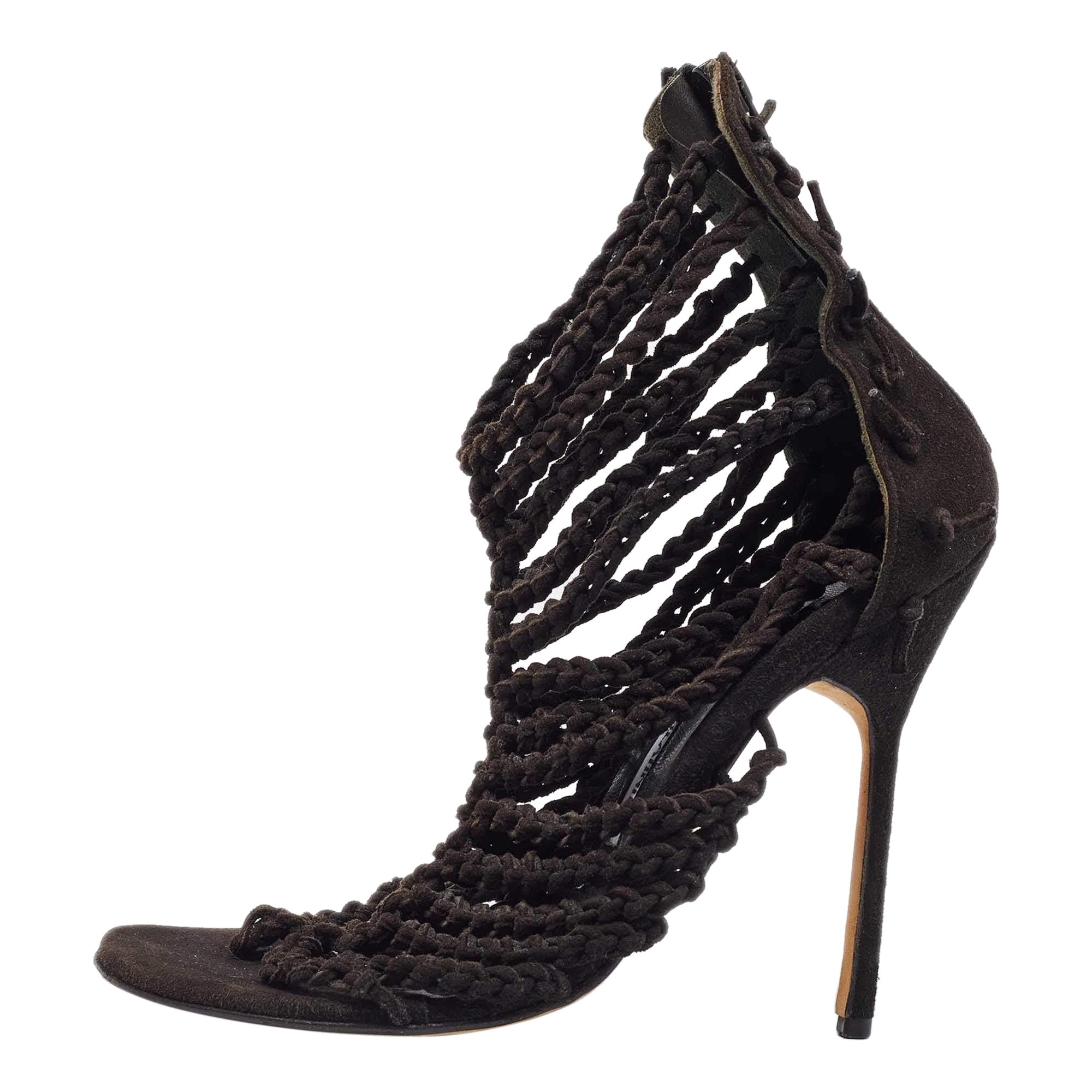 Manolo Blahnik Black Suede Braided Ankle Strap Sandals Size 36.5 For Sale