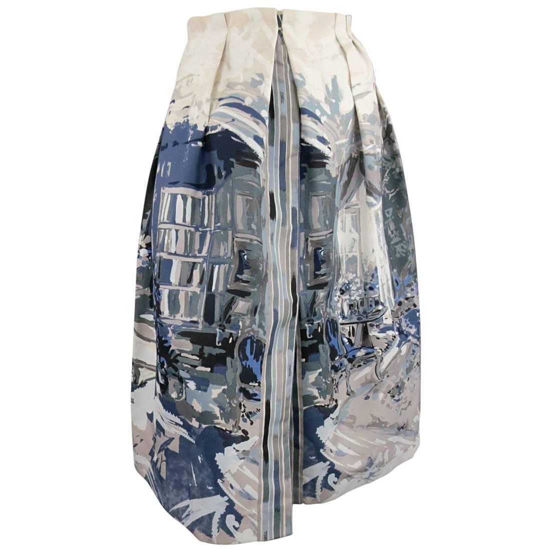 MALO Size 4 Cream & Blue Painting Print Taffeta Pleated A Line Skirt