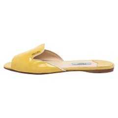 Prada Yellow Patent Saffiano Leather Flat Slides Size 40