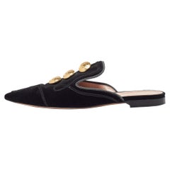 Alberto Fermani Black Velvet Buttons Embellished Flat Mules Size 38
