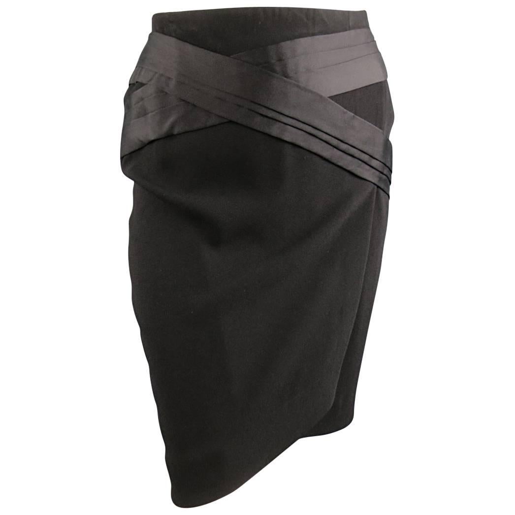 BALENCIAGA Skirt - Size 4 Black Crepe Pleated Satin Panelled Pencil Straight