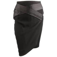 BALENCIAGA Size 4 Black Crepe Pleated Satin Panelled Pencil Skirt 3