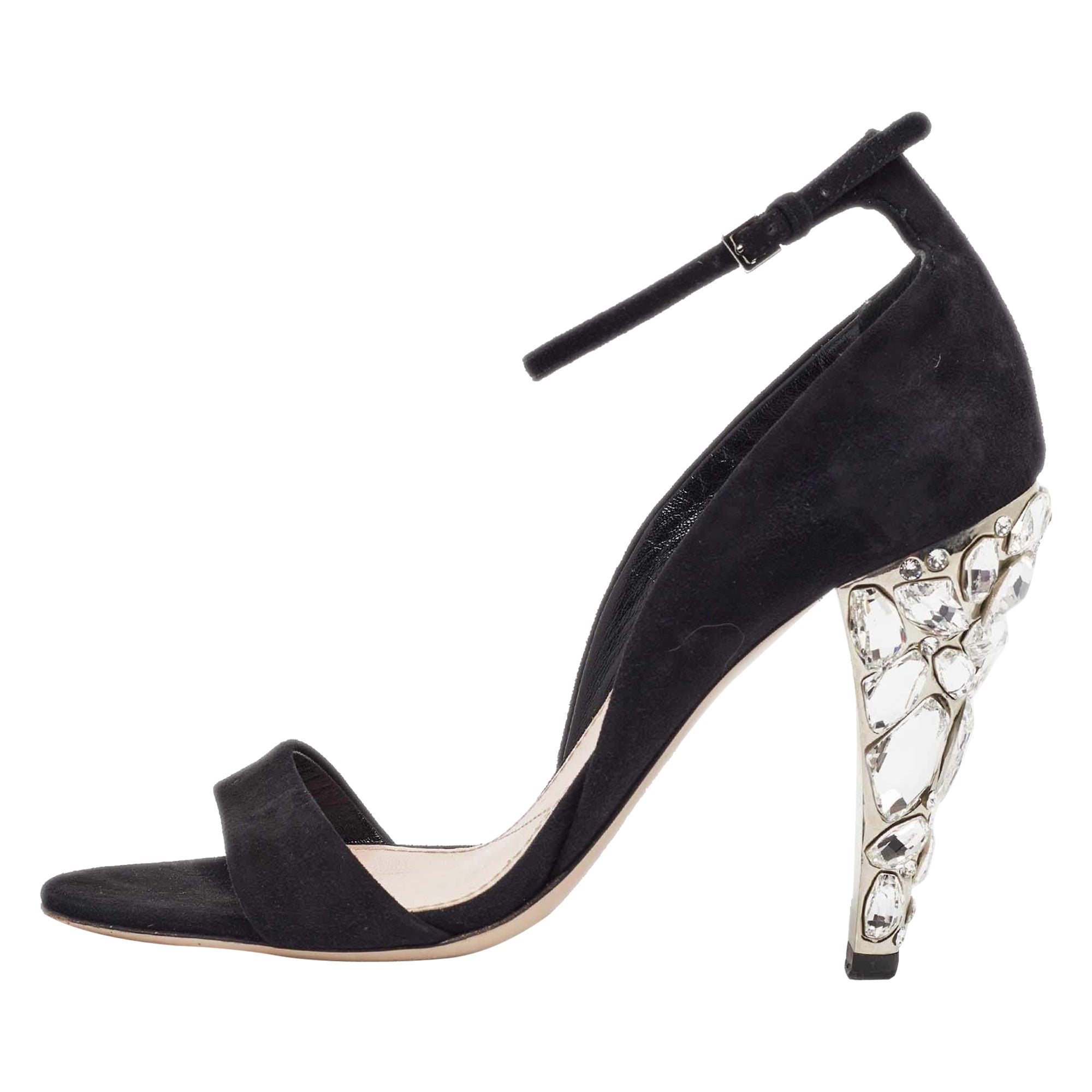 Miu Miu - Sandales en daim noir avec ornements en cristal - Taille 36 en vente