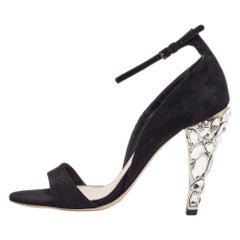 Miu Miu Black Suede Crystal Embellished Ankle Strap Sandals Size 36