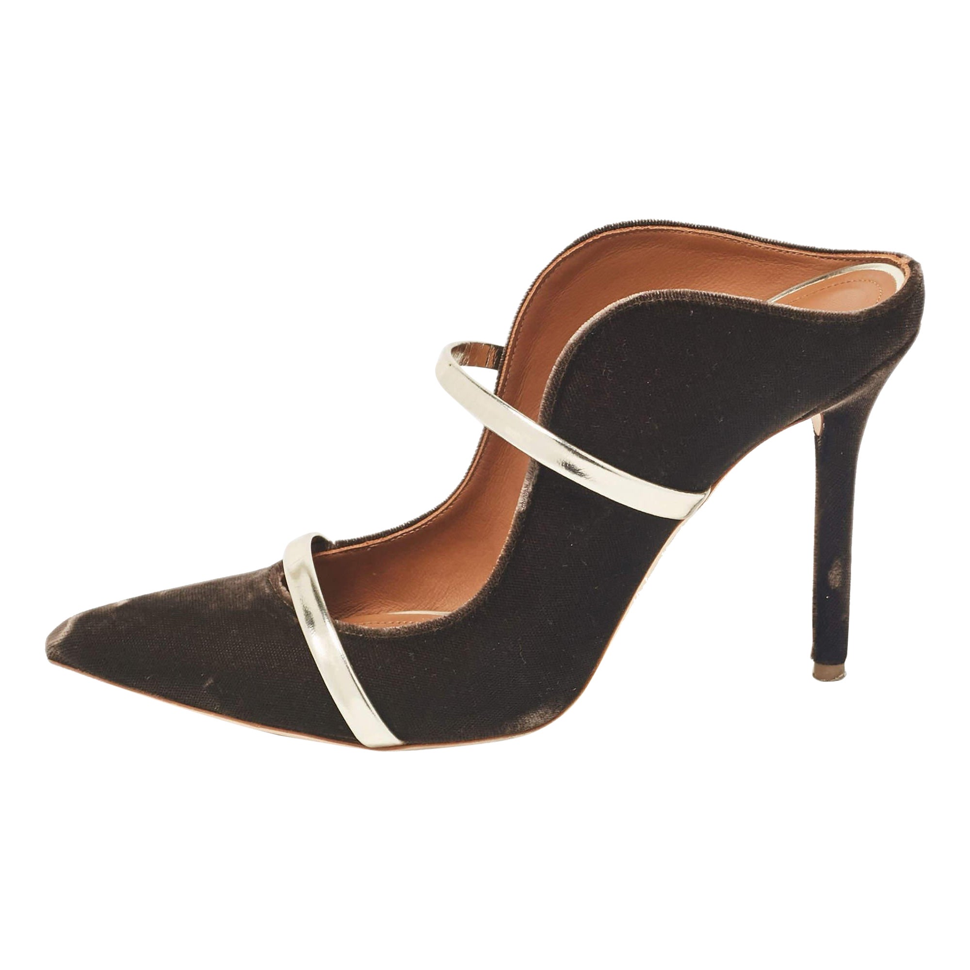 Malone Souliers Brown/Gold Velvet and Leather Maureen Mules Size 39 For Sale