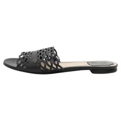 Dior Black Laser Cut Leather Flat Slides Size 39