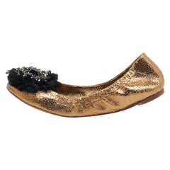 Tory Burch Textured Leather Embellished Flower Applique Scrunch Ballet Flats 38