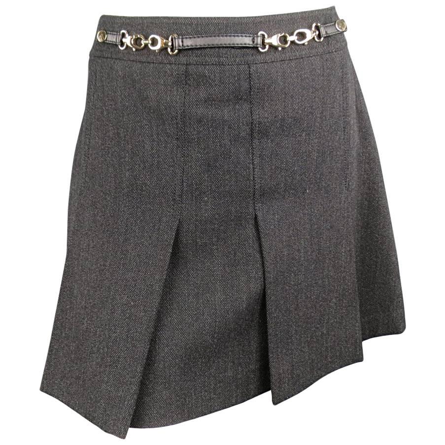 GUCCI Size 10 Charcoal Wool Tweed Gold Hardware Pleated Mini Skirt