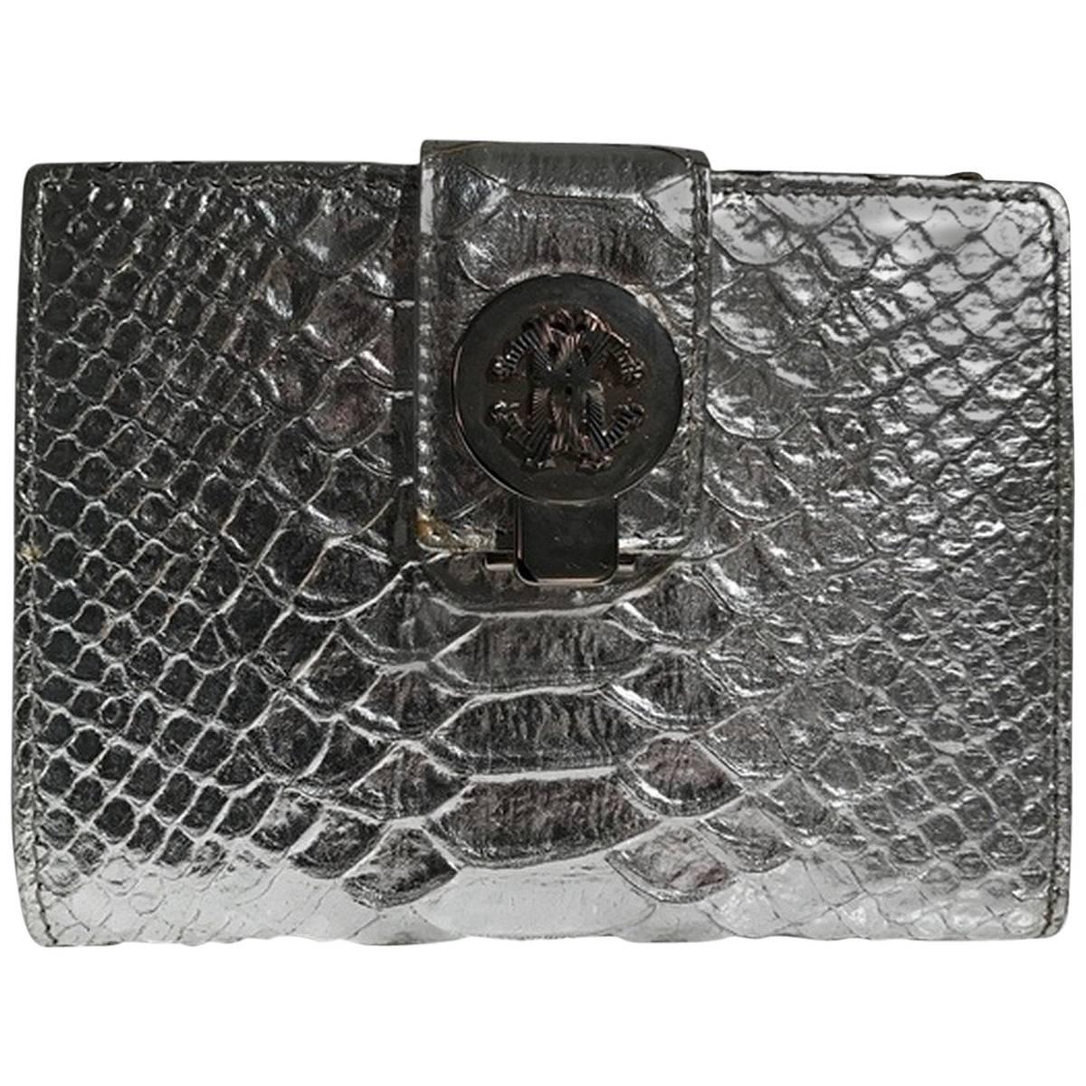 Roberto Cavalli Snakeskin Silver Wallet For Sale