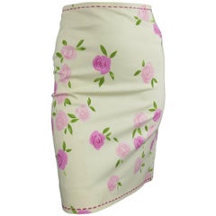 MOSCHINO Size 4 Pink Rosette Print Yellow Beige Cotton Top Stitch Pencil Skirt