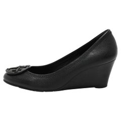 Tory Burch Black Leather Sally Wedge Pumps Size 36.5