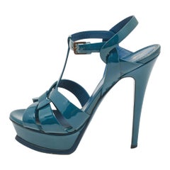 Yves Saint Laurent Teal Patent Leather Tribute Sandals Size 37.5