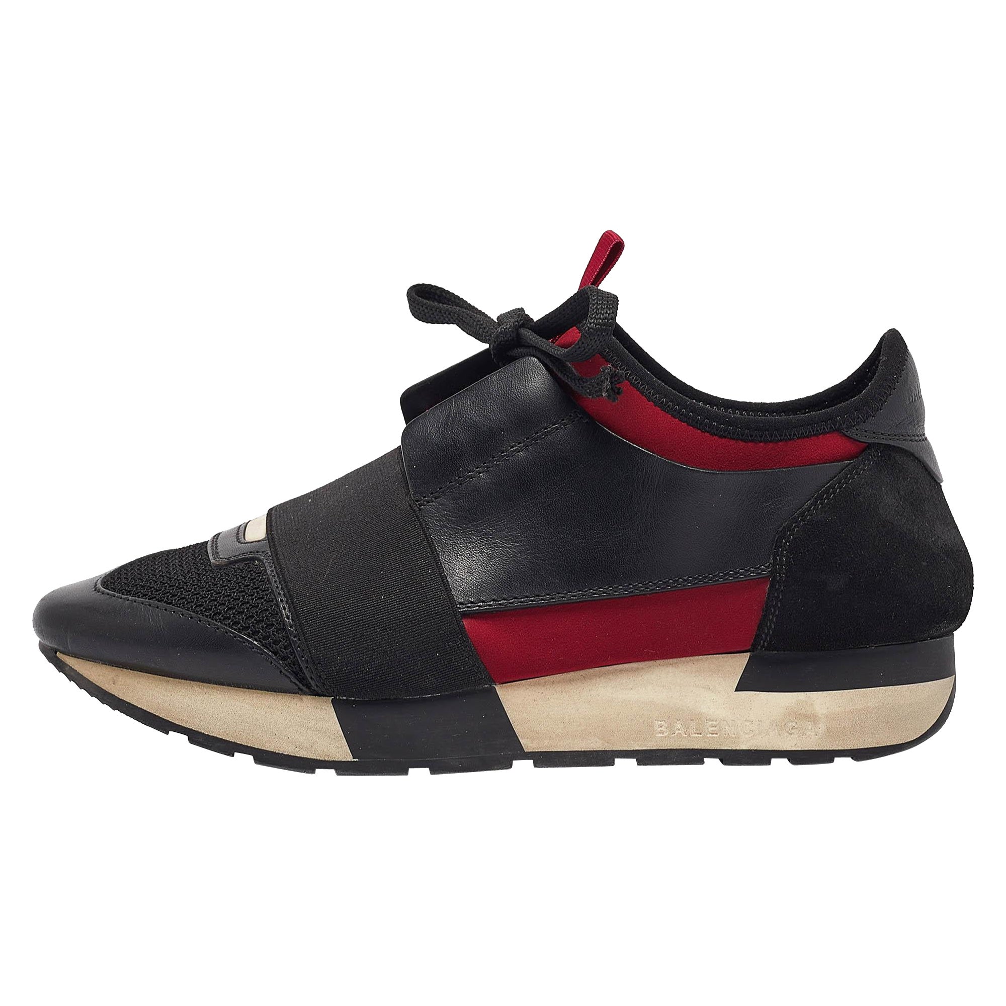 Balenciaga Black Fabric Leather Race Runner Lace Up Sneakers Size 36