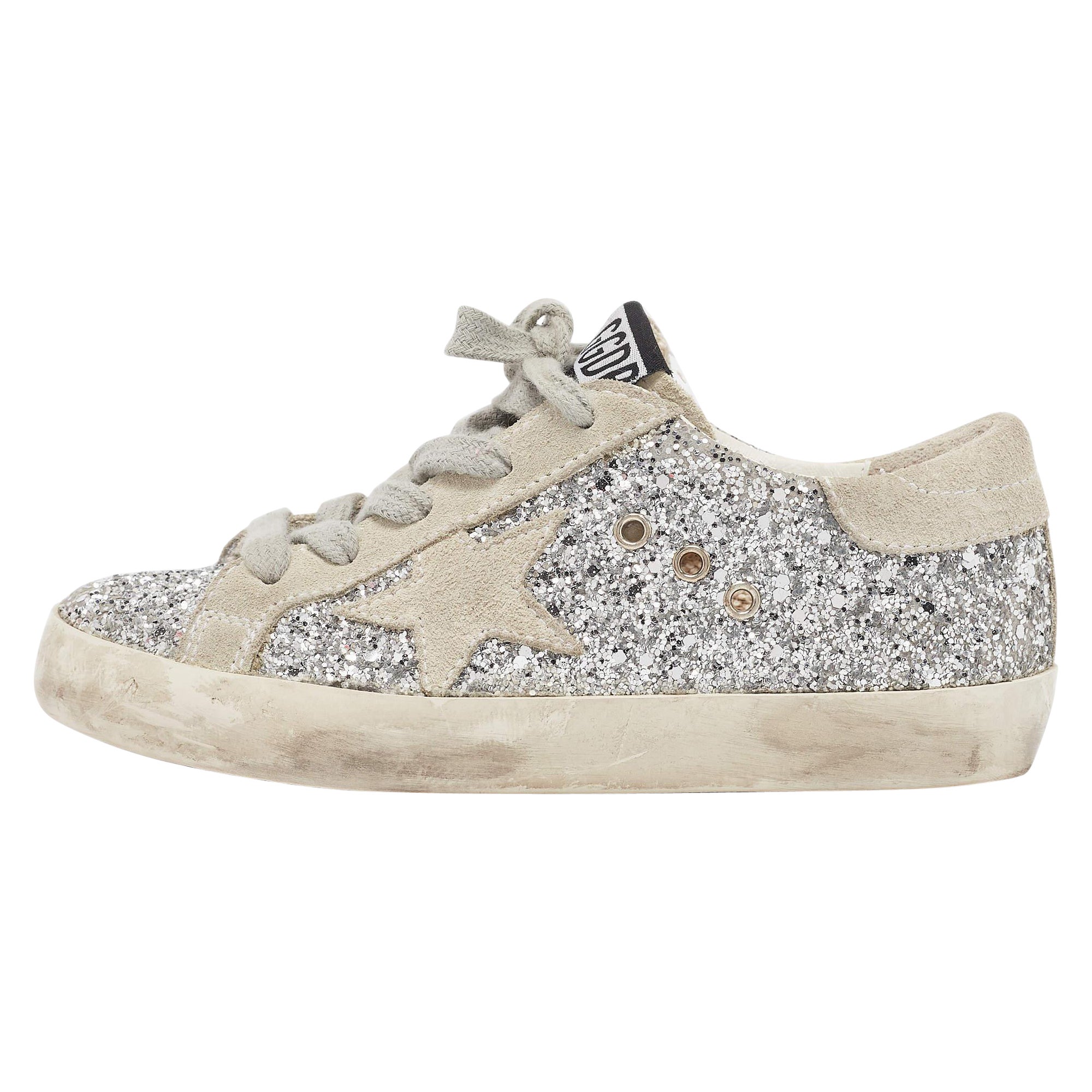 Golden Goose Silver/Grey Glitter and Suede Hi Star Low-Top Sneakers Size 30 For Sale