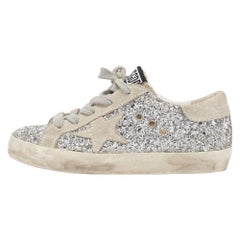 Golden Goose Silver/Grey Glitter and Suede Hi Star Low-Top Sneakers Size 30