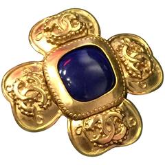 1998 Chanel Gold - Tone and Cobalt Gripoix "CC" Logo Cross Brooch 3