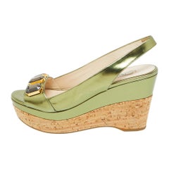 Prada Grüne Leder Kork Plateau-Sandalen mit Keil und Slingback Größe 36