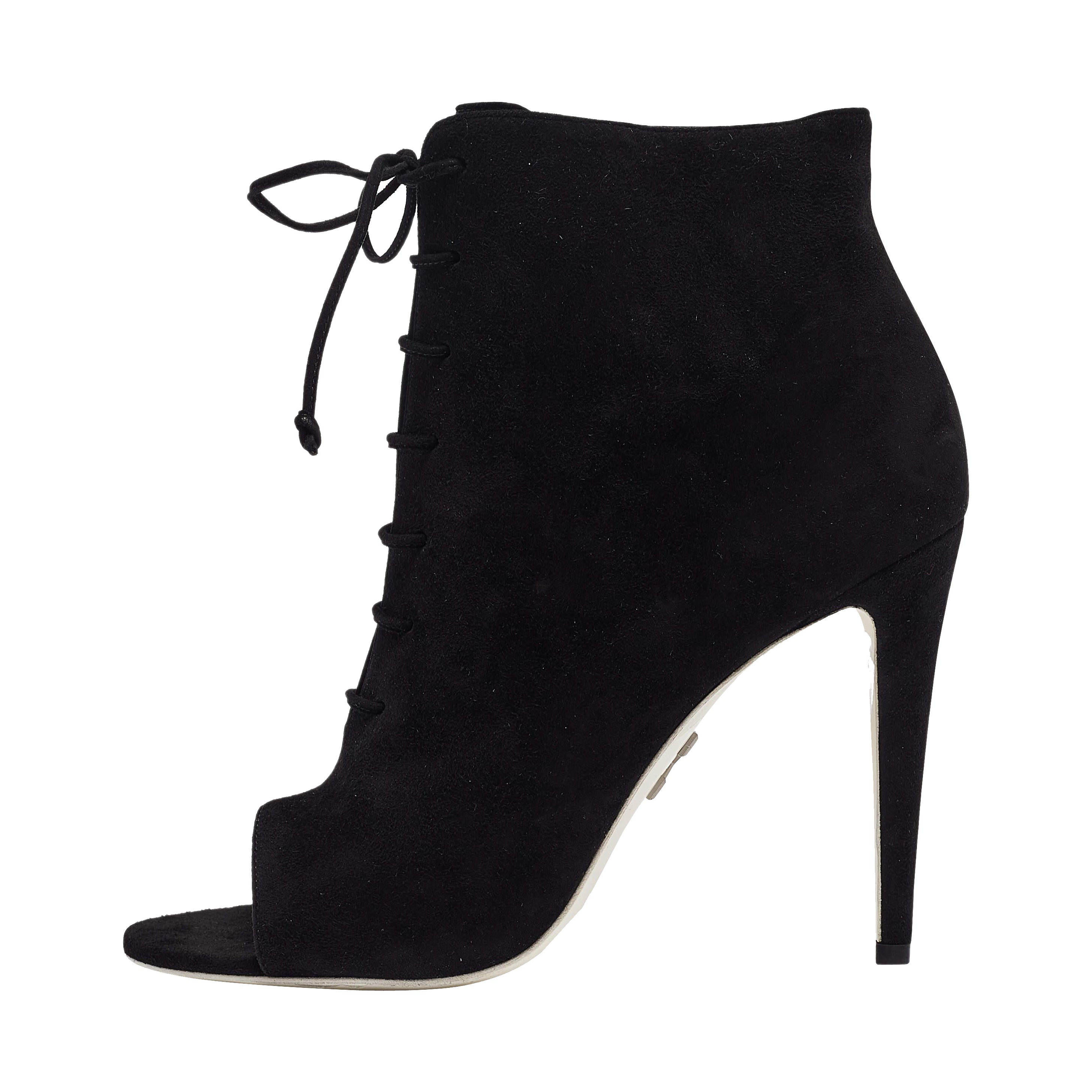Off-White Black Suede Open Toe Lace Up Ankle Booties Size 39