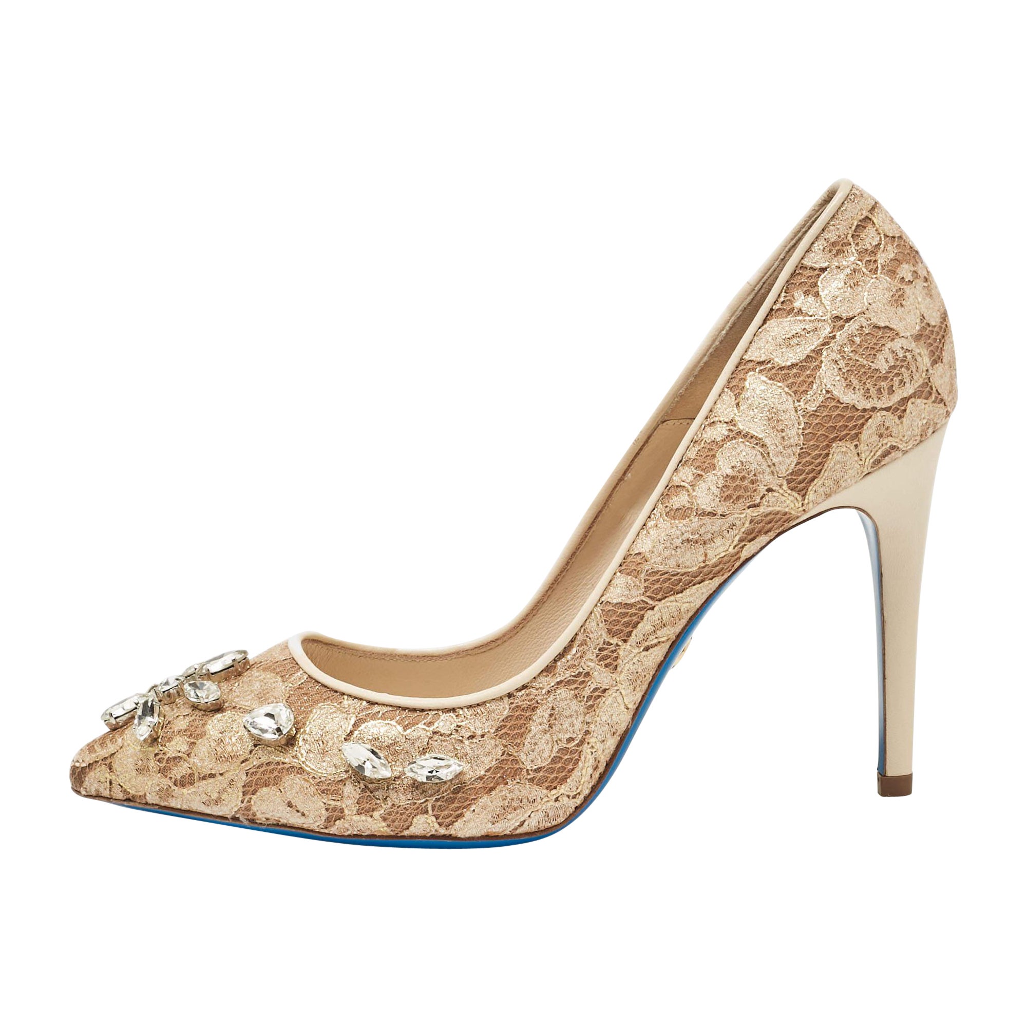 Loriblu Beige Lace and Mesh Crystal Embellished Pointed Toe Pumps Size 38.5
