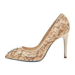 Loriblu Beige Lace and Mesh Crystal Embellished Pointed Toe Pumps Size 38.5