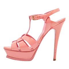 Saint Laurent Pink Patent Leather Tribute Platform Sandals Size 37.5
