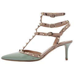 Valentino Mintgrün/Rosa Lackleder Rockstud Knöchelriemen Pumps Größe 40