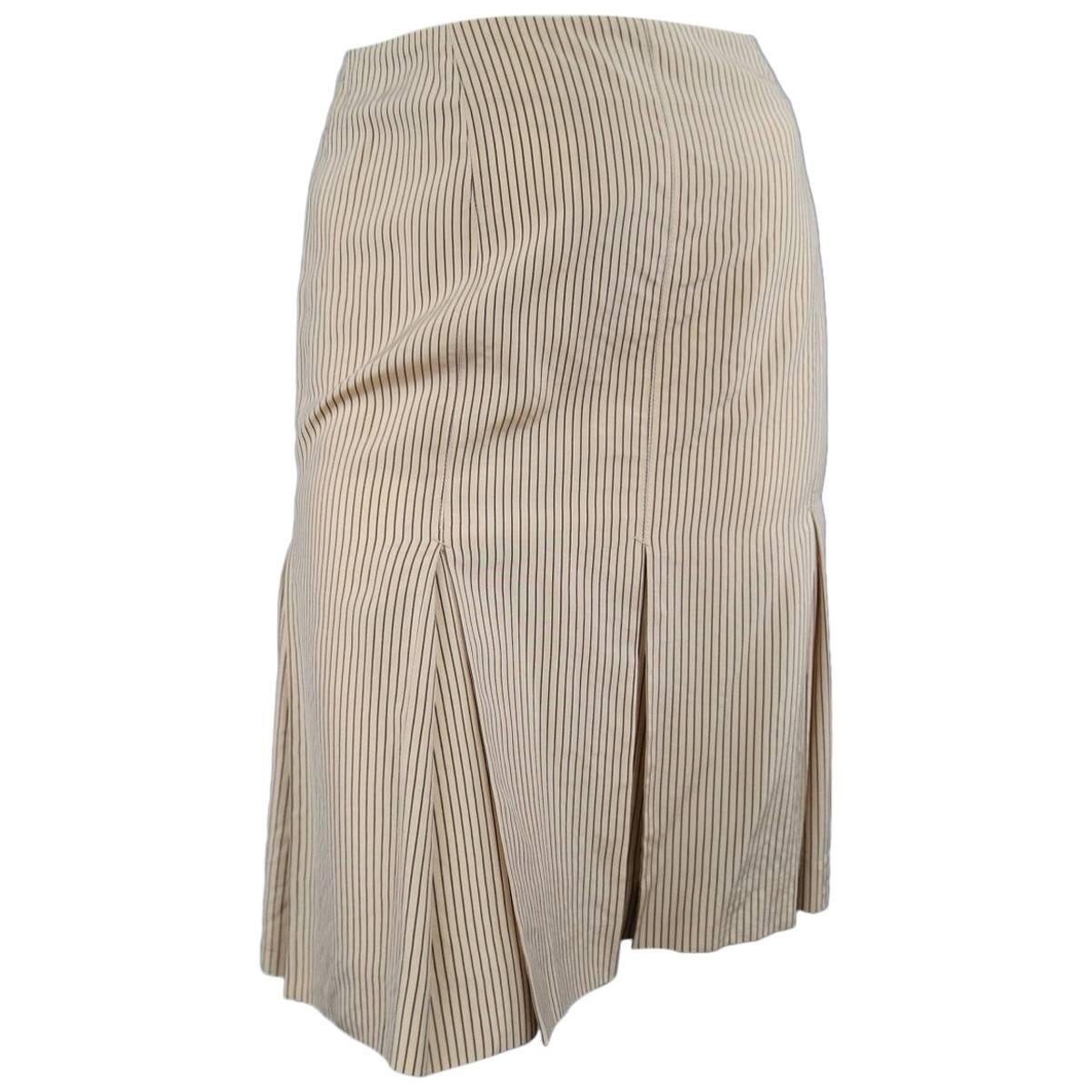 JEAN PAUL GAULTIER 6 Peach Beige & Brown Striped Rayon Silk Blend Pleated Skirt
