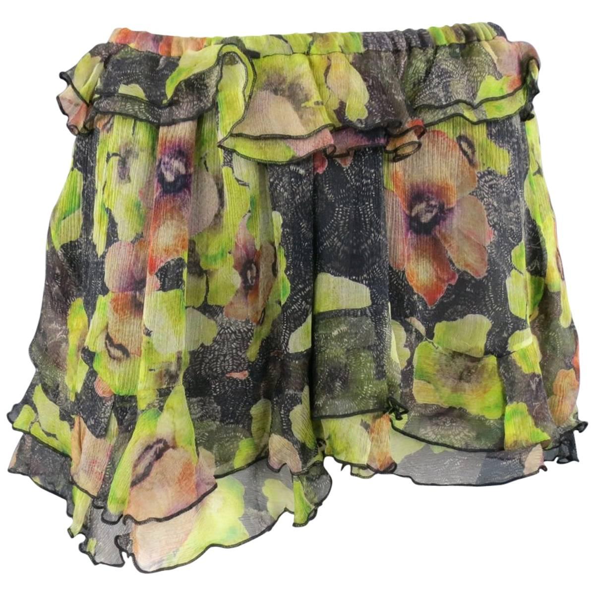 ISABEL MARANT Size 6 Black & Green Floral Print Silk Chiffon Ruffled Mini Skirt