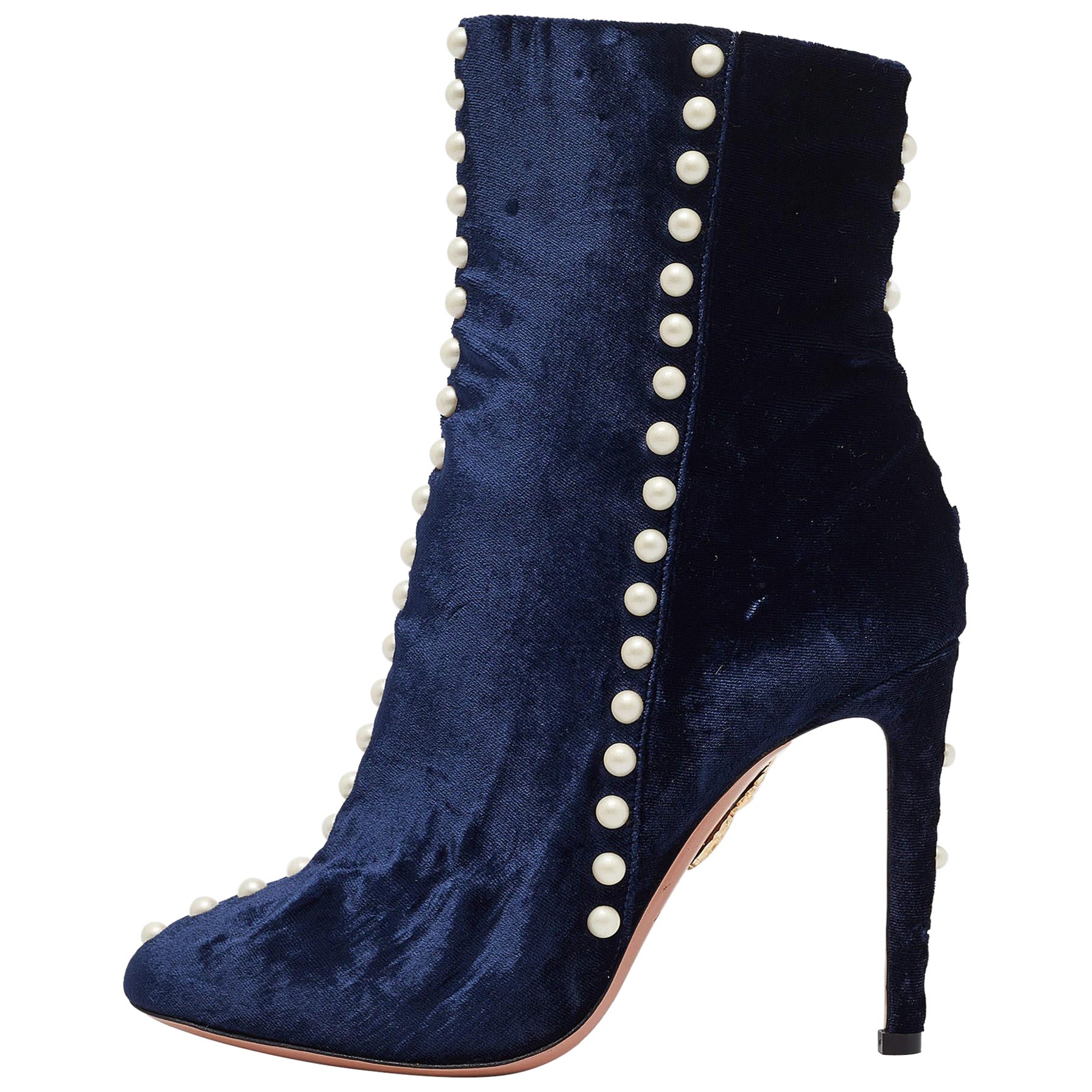 Aquazzura Navy Blue Velvet Follie Pearls Ankle Boots Size 36.5 For Sale