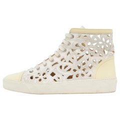 Chanel White/Cream Floral Laser Cut Leather Patent CC High Top Sneakers Size 40
