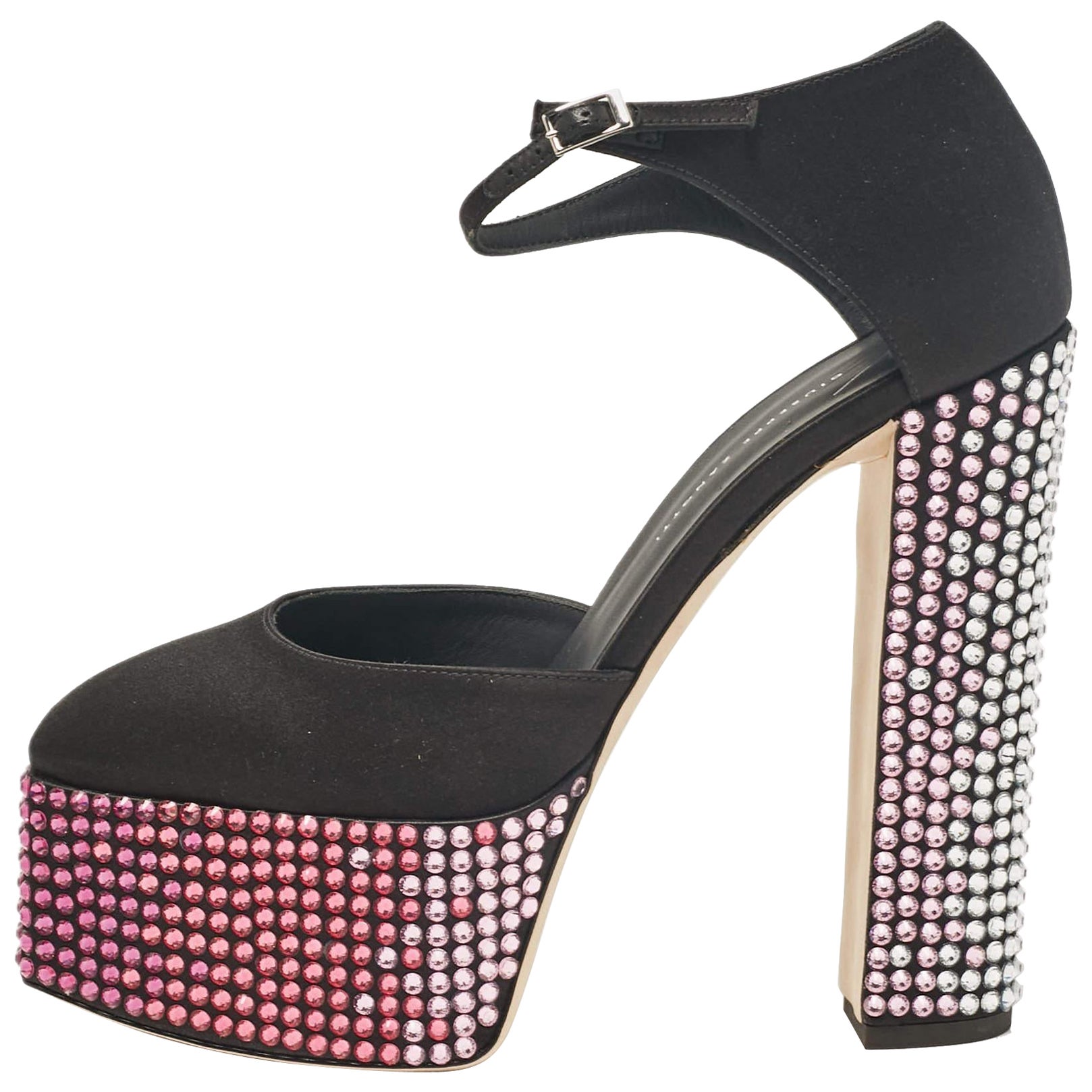 Giuseppe Zanotti Black Satin Crystal Embellished Mary Jane Pumps Size 40