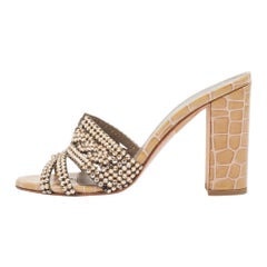 Gina Gold Crystal Embellished Leather Slide Sandals Size 38.5