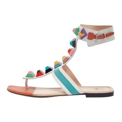 Fendi Multicolor Leather Studded Thong Flat Sandals Size 40