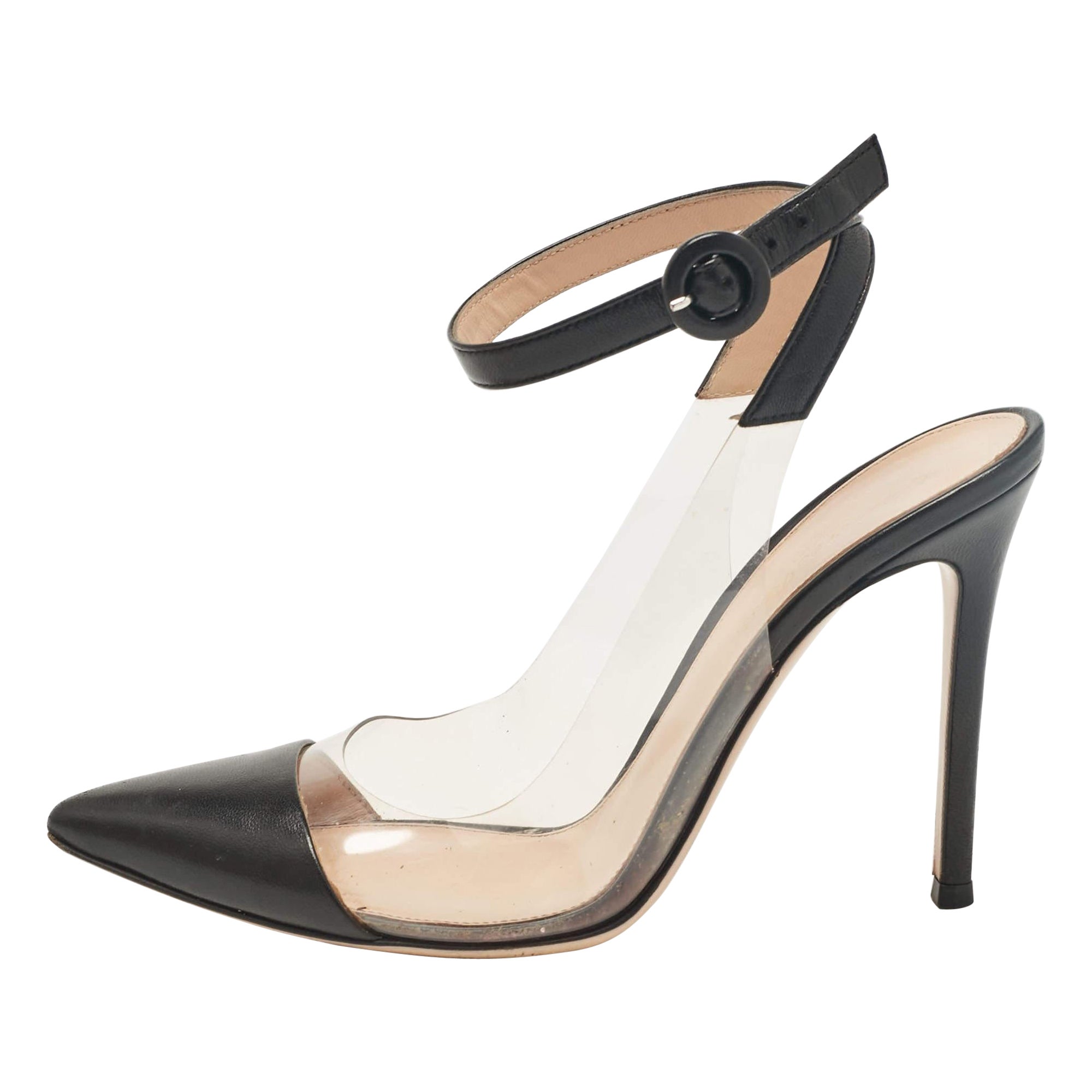 Gianvito Rossi Black Leather and PVC Anise Ankle Strap Pumps Size 38 For Sale