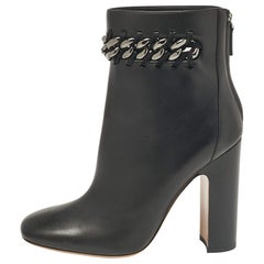 Valentino Black Leather Chain Link Embellished Block Heel Ankle Boots Size 41