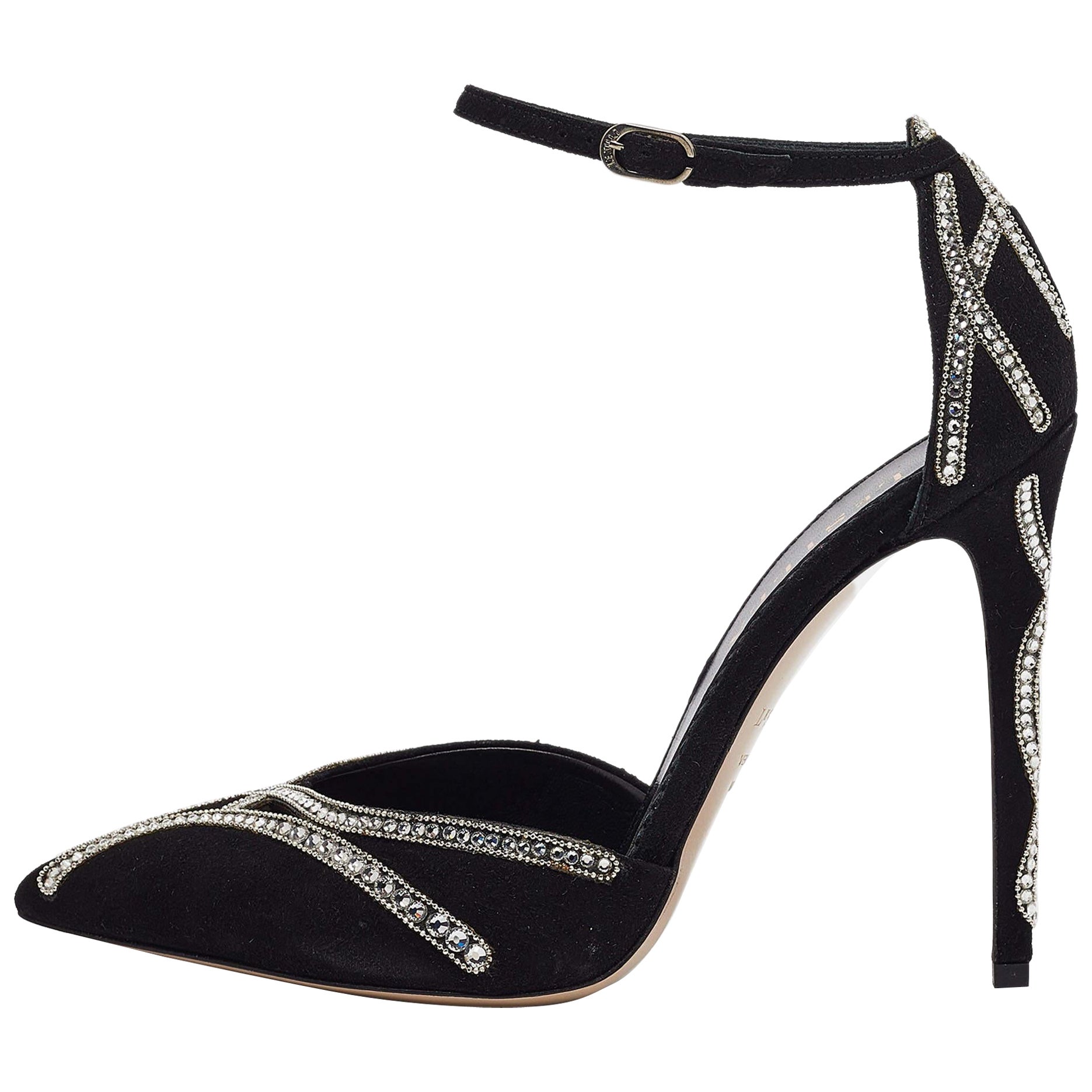 Le Silla Black Suede Crystal Embellished Mary Jane Pumps Size 38.5 en vente