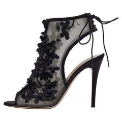 Valentino Black Mesh Floral Applique Ankle Tie Sandals Size 39