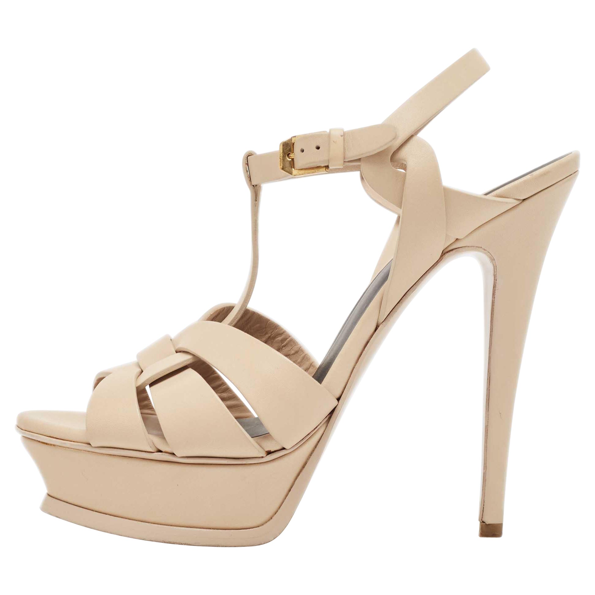 Saint Laurent Beige Leather Tribute Sandals Size 39 For Sale