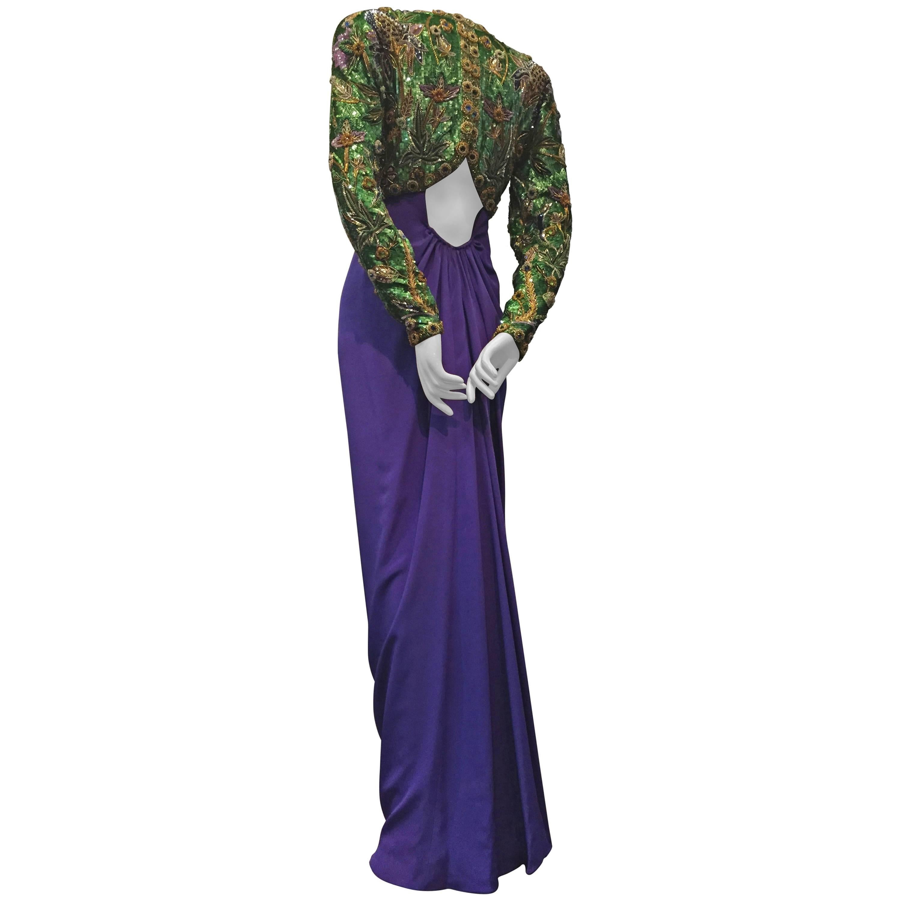 1980s Oscar de La Renta Beaded Floral Motif Attached Bolero w Purple Crepe Gown