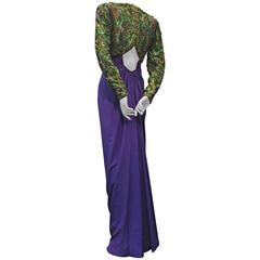 1980s Oscar de La Renta Beaded Floral Motif Attached Bolero w Purple Crepe Gown 4