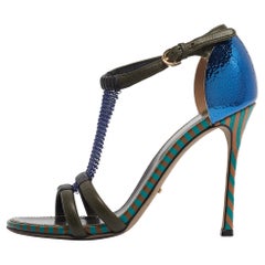 Sergio Rossi Green Leather and Mesh Ankle Strap Sandals Size 37.5