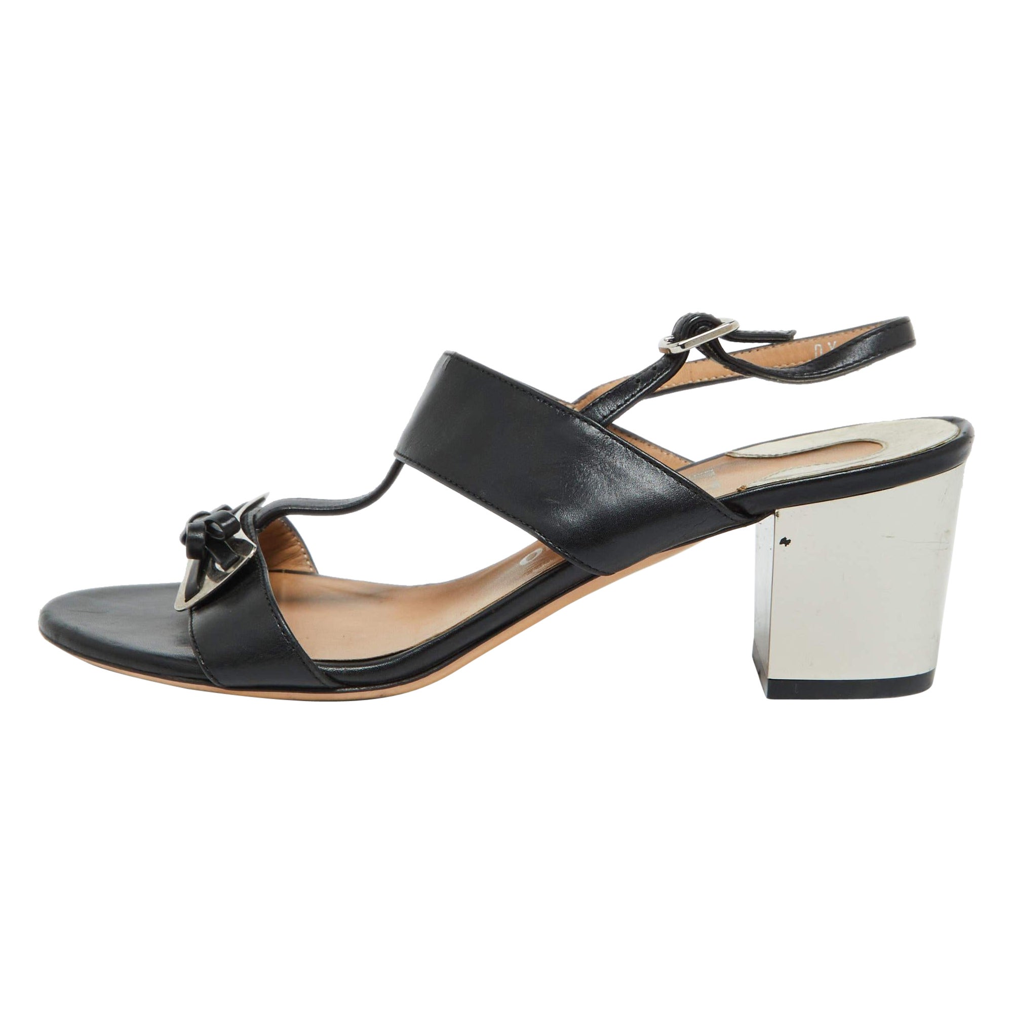 Salvatore Ferragamo Black Leather Bow Strappy Block Heel Sandals Size 37.5 For Sale