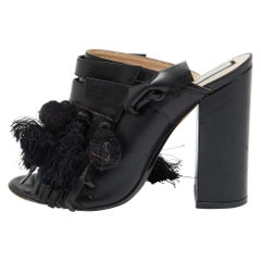 N°21 Black Leather Tassel Fringe Block Heel Mules Size 40
