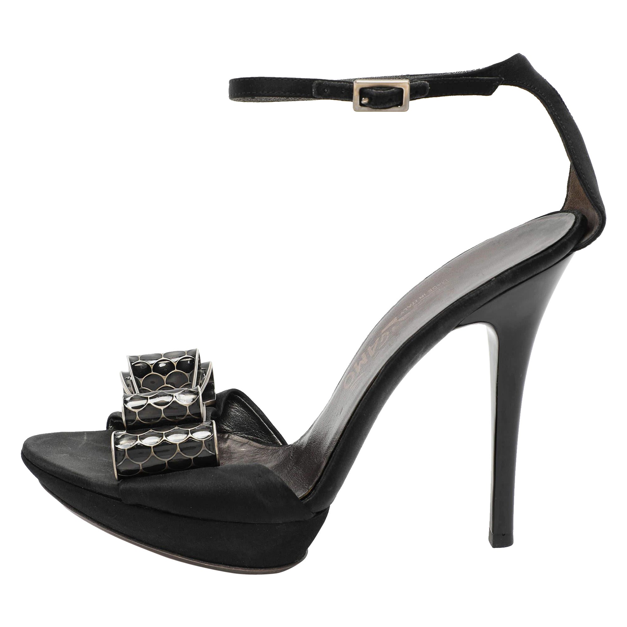 Salvatore Ferragamo Black Satin Bow Embellished Ankle Strap Sandals Size 38 For Sale