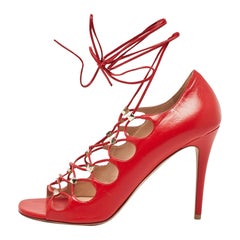 Valentino Red Leather Rockstud Ankle Tie Sandals Size 40